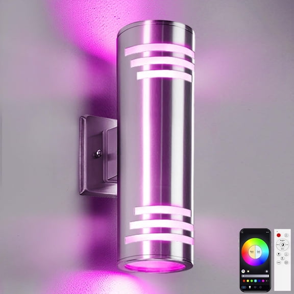 Outdoor Wall Lights RGBCW, Modern Color Changing Outdoor Sconce Cylinder Stainless Exterior Light Fixture with Remote, Up and Down Outside Lights for House Theater Lighting
