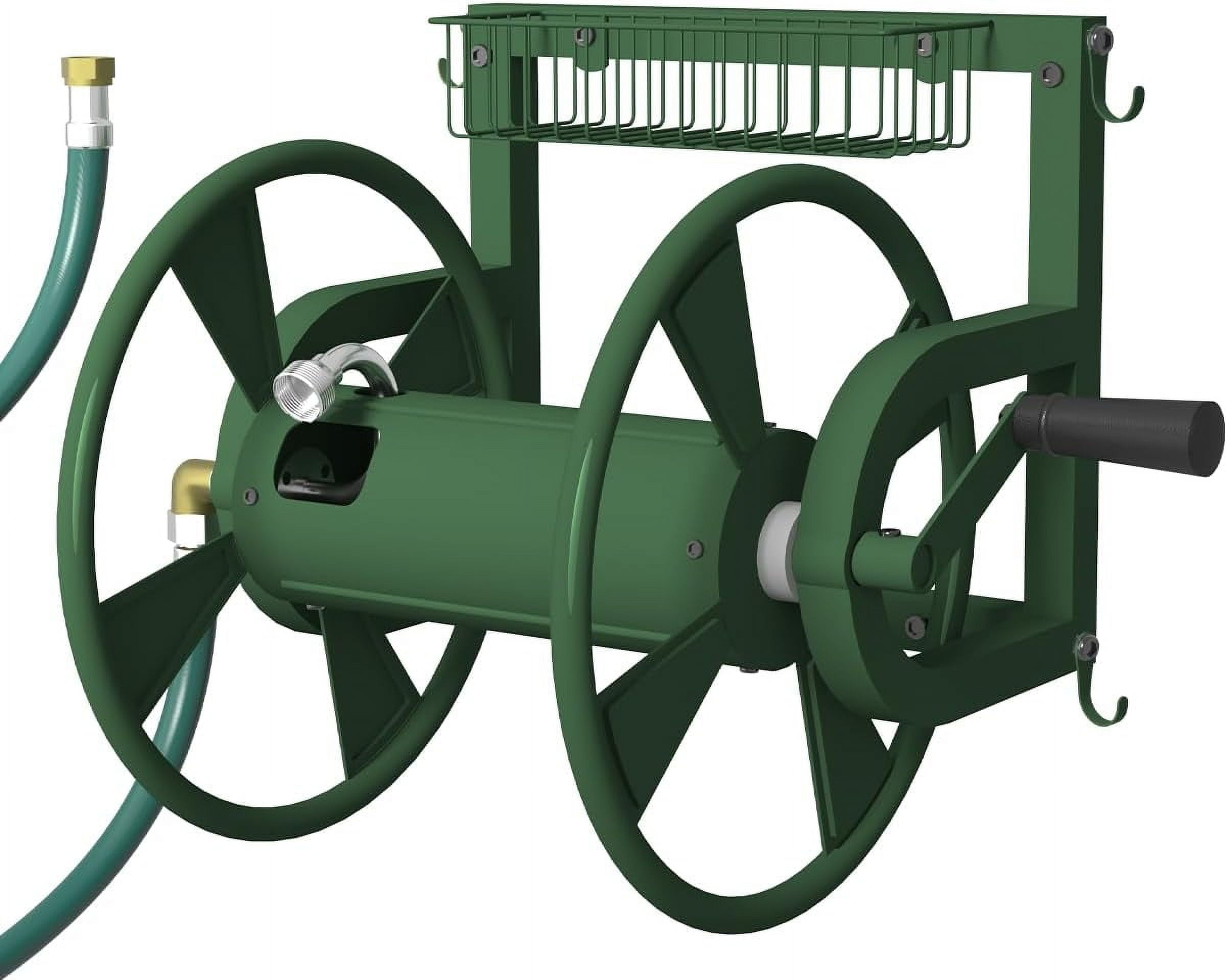 Outdoor Wall Mounted Hose Reel with Hook, Garden Heavy-Duty Water Holder Winder with 3.9 ft Leader Hose, Brass Fitting and Storage Basket for Yard, Holds 125 Ft of 5/8-Inch Hoses, Green