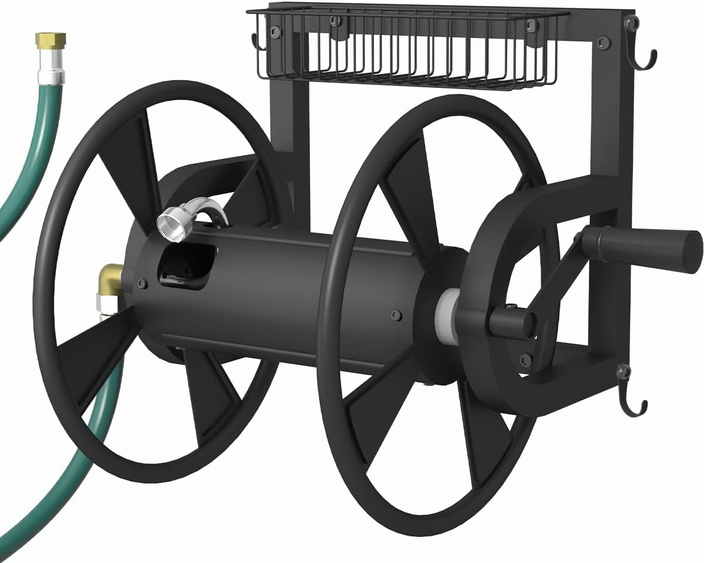 Outdoor Wall Mounted Hose Reel with Hook, Garden Heavy-Duty Water Holder Winder with 3.9 ft Leader Hoses, Brass Fitting and Storage Basket for Yard, Holds 125 Ft of 5/8-Inch Hose, Black