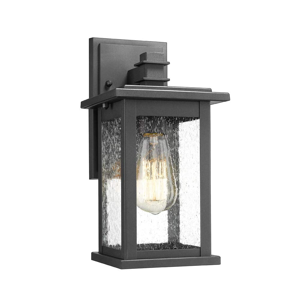 Medium Black Aluminum Outdoor Lantern Sconce with Seeded Glass