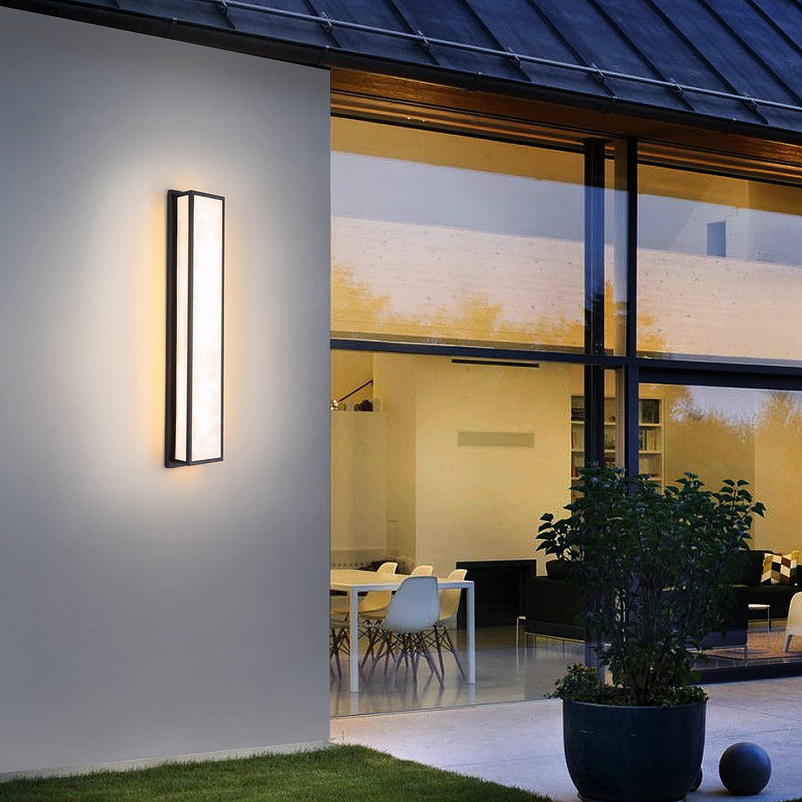 Outdoor Wall Sconce 24W Modern Wall Lights Rectangle Exterior Light Fixture Black LED Porch Lighting with Marble Texture Resin Lampshade Wall Lamp IP65 for Indoor,Patio,Garage,Courtyard(32.6in)