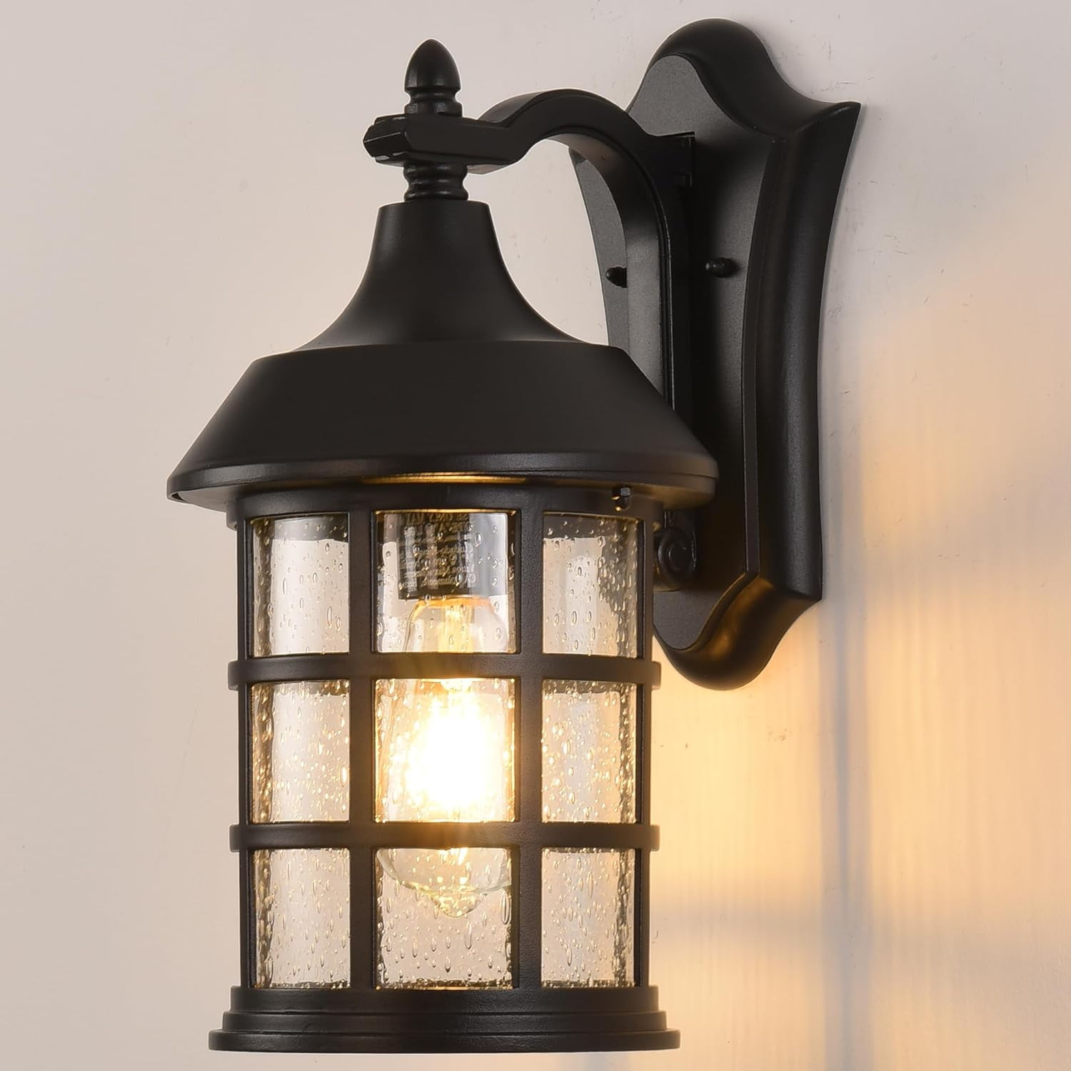 Outdoor Wall Sconces, Round Exterior Wall Lanterns, 15.5" H Black Outdoor Wall Light Fixtures, Waterproof Outside Wall Mounted Lights with Seeded Glass for Porch Patio Garage