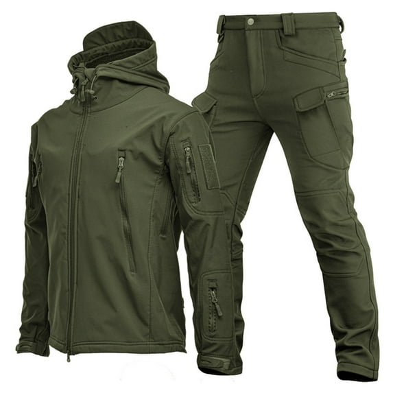 Outdoor Warm Special Forces Style Camouflage Plush Thickened Coat and Winter Soft Shell Large Charge Jacket Pants Set for Cold Weather,Army Green,M