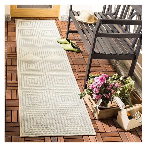 Outdoor Washable Rug 2x8 Runner - Beach House Collection, Cream & Aqua, Non-Shedding Patio Rug, Easy Clean Indoor/Outdoor Rug for Backyard, Mudroom