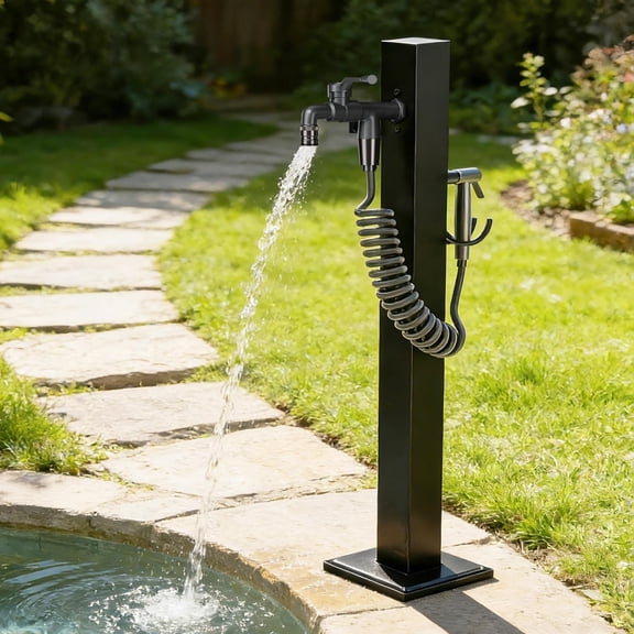 Outdoor Water Column with Faucet & Spray Gun, Stainless Steel Garden Vertical Freestanding Floor Mounted Hydrant Water Tap for Irrigation Washing, Support Side Inlet & Bottom Inlet, 37.4In Tall