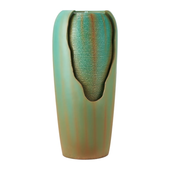 Outdoor Water Fountain with Waterfall, 30.71 Inch Floor Standing Glazed Jar Style Fountain with LED Light and Pump, 1-Tier Decorative Water Feature for Indoor Outdoor Garden Patio Yard, Green