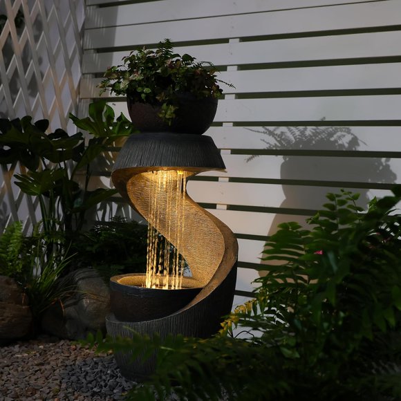 Outdoor Water Fountain 37" Tall S-Curve Floor-Standing Rainfall Fountain Garden Waterfall Feature with LED, Garden Patio Porch Yard Decor, Outdoor Water Feature with Flat Top for Plant, Resin