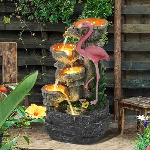 Outdoor Water Fountain, 5 Tier Garden Waterfalls with 5 LED Lights, Modern Indoor/Outdoor Floor Standing Water Fountain with Pump for Garden, Patio, House Decor