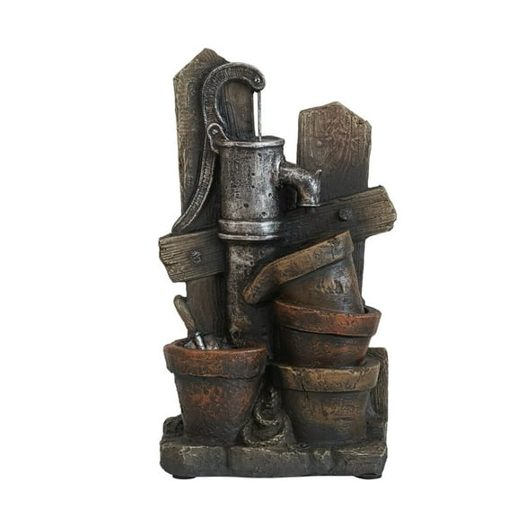 Outdoor Water Fountain 7.7x3.9x13.6" Brown and Gray Water Fountain with Antique Water Pump Design and LED Light,Solar Water Fountain