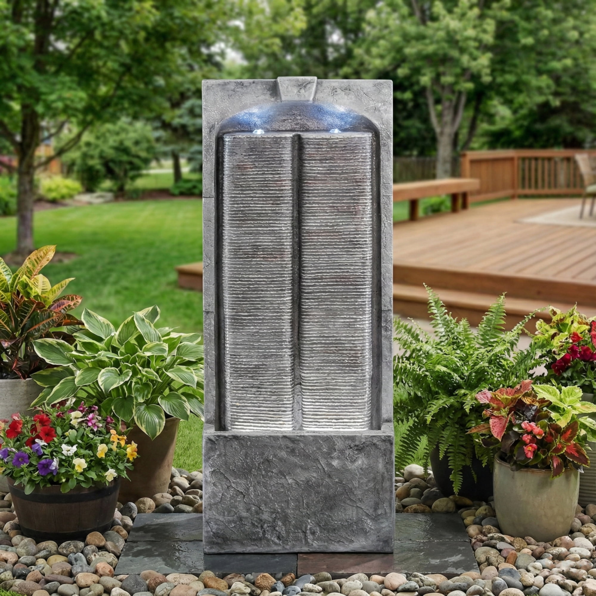 Outdoor Water Fountain Cascading LED Lights 39" H, Resin Fiberglass with Quiet Pump, Freestanding Water Feature for Garden Patio Porch Lawn Backyard Indoor Outdoor Decor