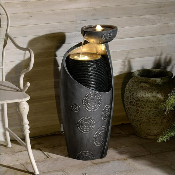 Outdoor Water Fountain Feature Indoor Garden Large Jar Floor Standing Fountains Waterfall with LED Light & Pump for Home Decor Office Yard Patio Deck Porch, 32 inches,Gray