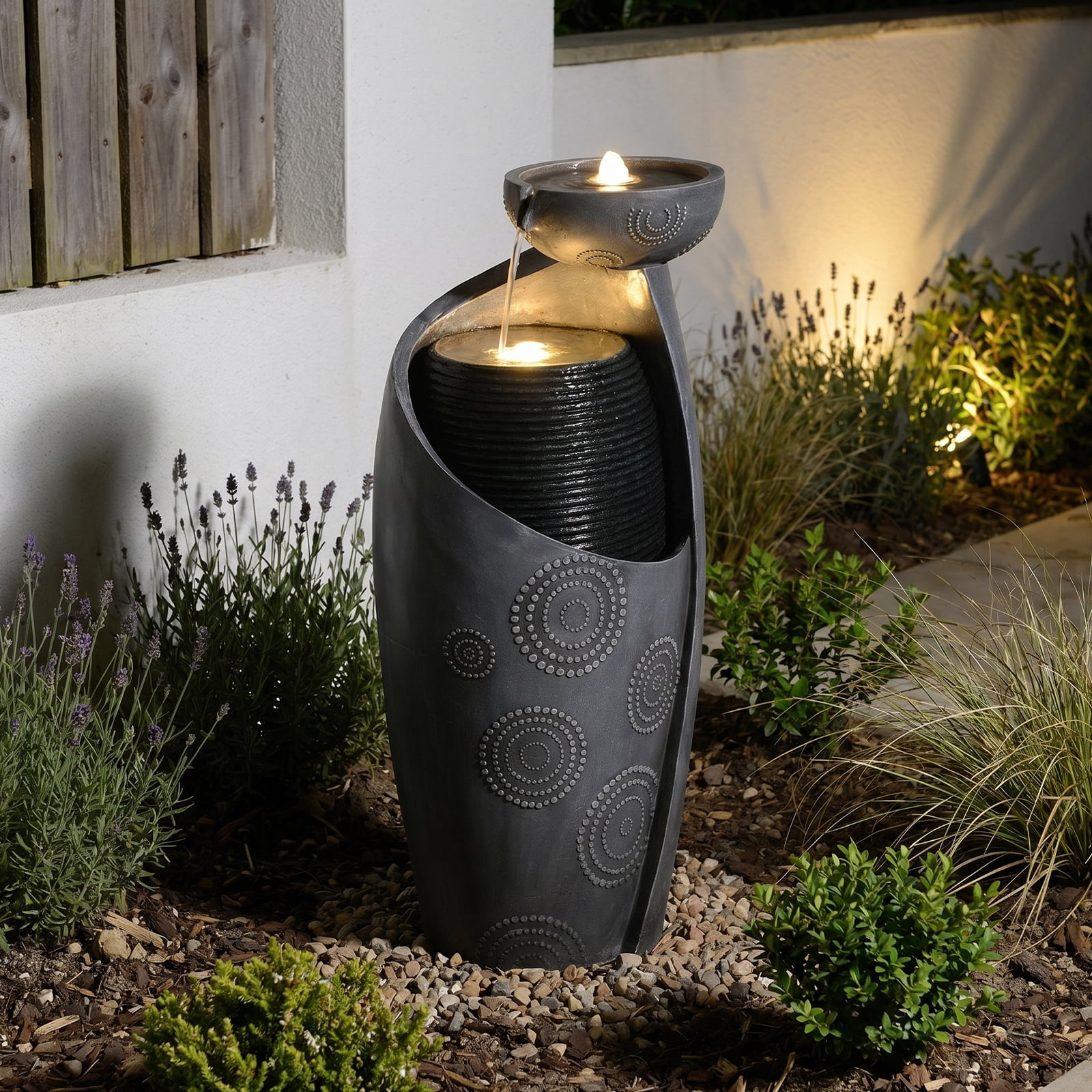 Outdoor Water Fountain Feature Indoor Garden Large Jar Floor Standing Fountains Waterfall with LED Light & Pump for Home Decor Office Yard Patio Deck Porch, 32 inches,Gray