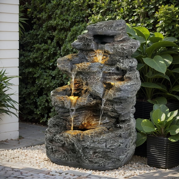 Outdoor Water Fountain with LED Lights, 23.85-inch 5-Tier Concrete Tall Slim Column, Space-Saving Modern Design, All-Weather Resistant for Patio, Garden & Backyard Decor