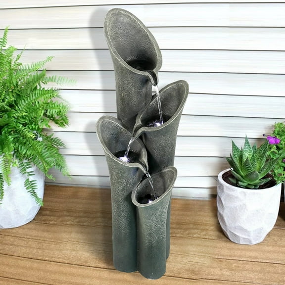 Outdoor Water Fountain with LED Lights 33.4" H Curved Cascading Indoor, Waterfall Garden Fountain with Built-in Quiet Pump Perfect Garden Water Feature, Patio Fountain