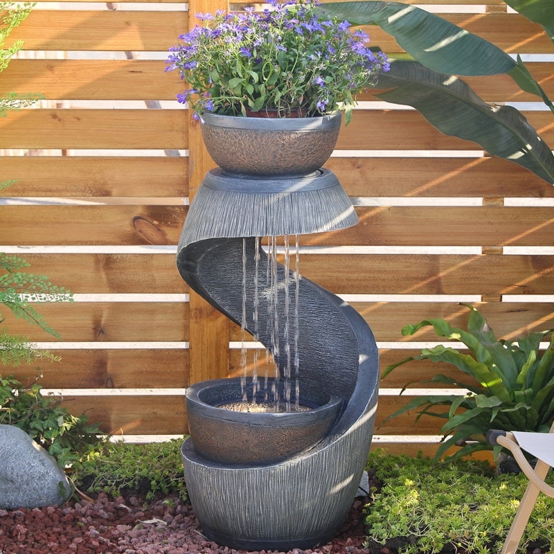 Modern Gray Resin S-Shaped Outdoor Water Fountain with Planter