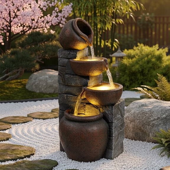 Outdoor Water Fountain with LED Lights, 4-Tier Cascading Pots Waterfall Decor, Resin Stone Look Patio Yard Garden Fountain for Porch Backyard