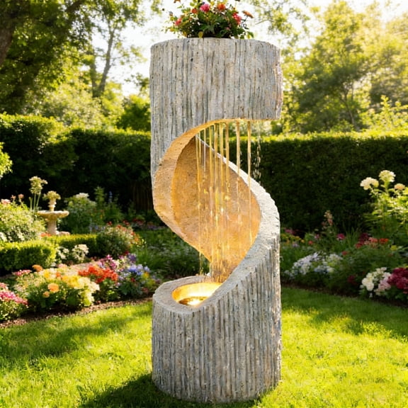 Outdoor Water Fountain with LED Lights - Resin Spiral Water Feature,29.9 Inch Modern Garden Decor for Patio, Yard & Lawn