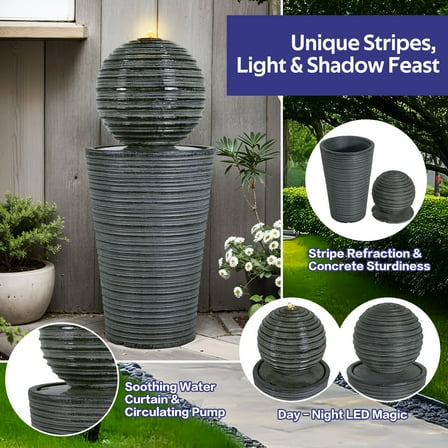 Outdoor Water Fountains 31.5"H Tall Striped Concrete Column Fountain-LED Light,Shadow Ambiance Maker for Modern Outdoor Spaces,Tiered Outdoor Water Fountain