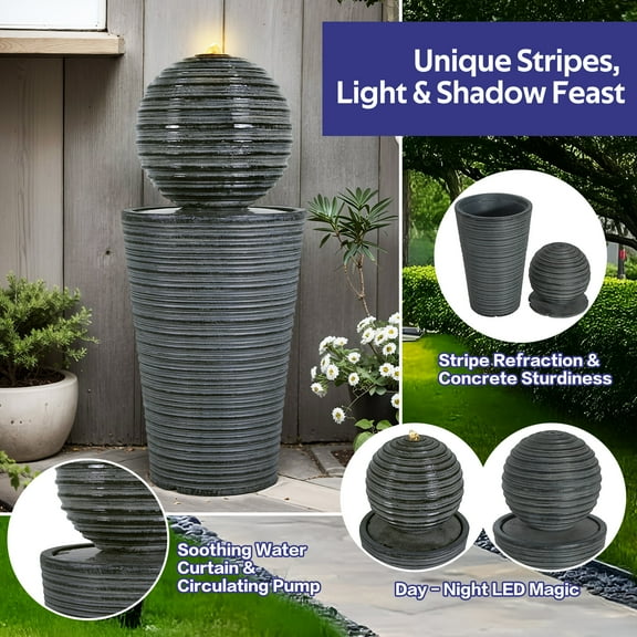 Outdoor Water Fountains 31.5"H Tall Striped Concrete Column Fountain-LED Light,Shadow Ambiance Maker for Modern Outdoor Spaces,Tiered Outdoor Water Fountain