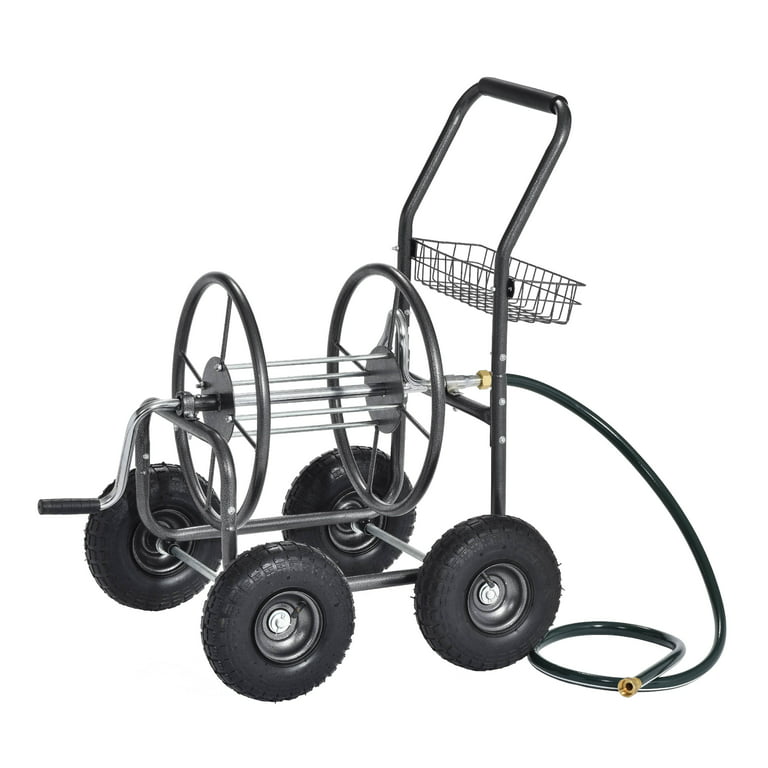 Outdoor Water Hose Reel Cart with Steel Mesh Basket