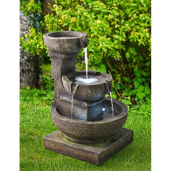 Outdoor Waterfall Fountain, 16" H 3-Tier Home Water Fountain w/LED Light, Soothing and Relaxing Indoor/Outdoor Fountain for Garden & Patio