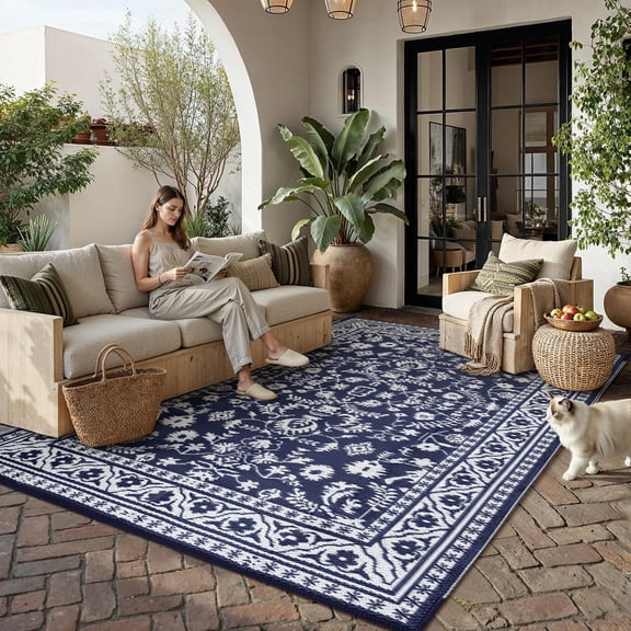Outdoor Waterproof 8x10 Plastic Straw Patio Rug Navy Blue Reversible For Outside Vintage Oriental Carpet Lightweight Large Rv Deck Beach Balcony Picnic Backyard Entry Porch