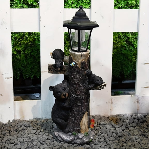 Outdoor Waterproof Animal Figurines, Resin Bear Family Solar Light Garden Statues,Black
