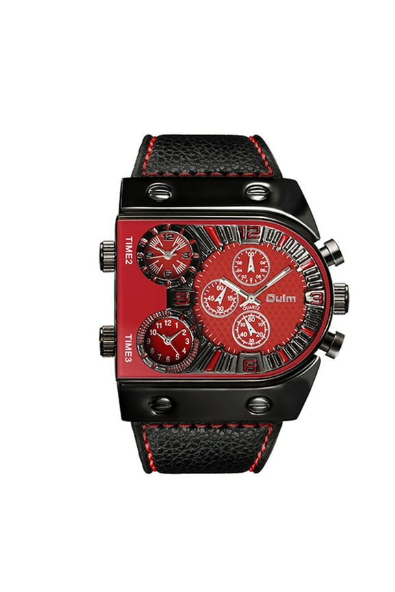 Outdoor Waterproof Chronograph Wristwatch for Men with Three Time Zones and Leather Strap