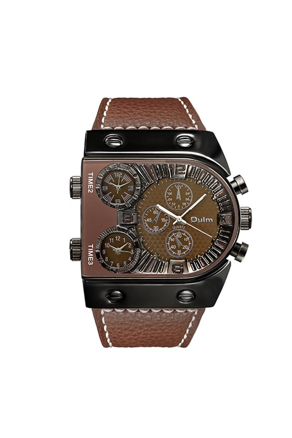 Outdoor Waterproof Chronograph Wristwatch for Men with Three Time Zones and Leather Strap