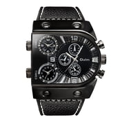 Outdoor Waterproof Chronograph Wristwatch for Men with Three Time Zones and Leather Strap
