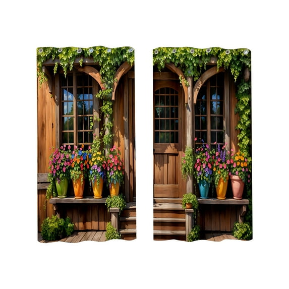 Outdoor Waterproof Curtains 2Pcs Set Vintage Green Floral Patio Curtains 180x180cm Courtyard Balcony Sun Shelter Easy Install Durable Cloth Multicolor Retro Decor