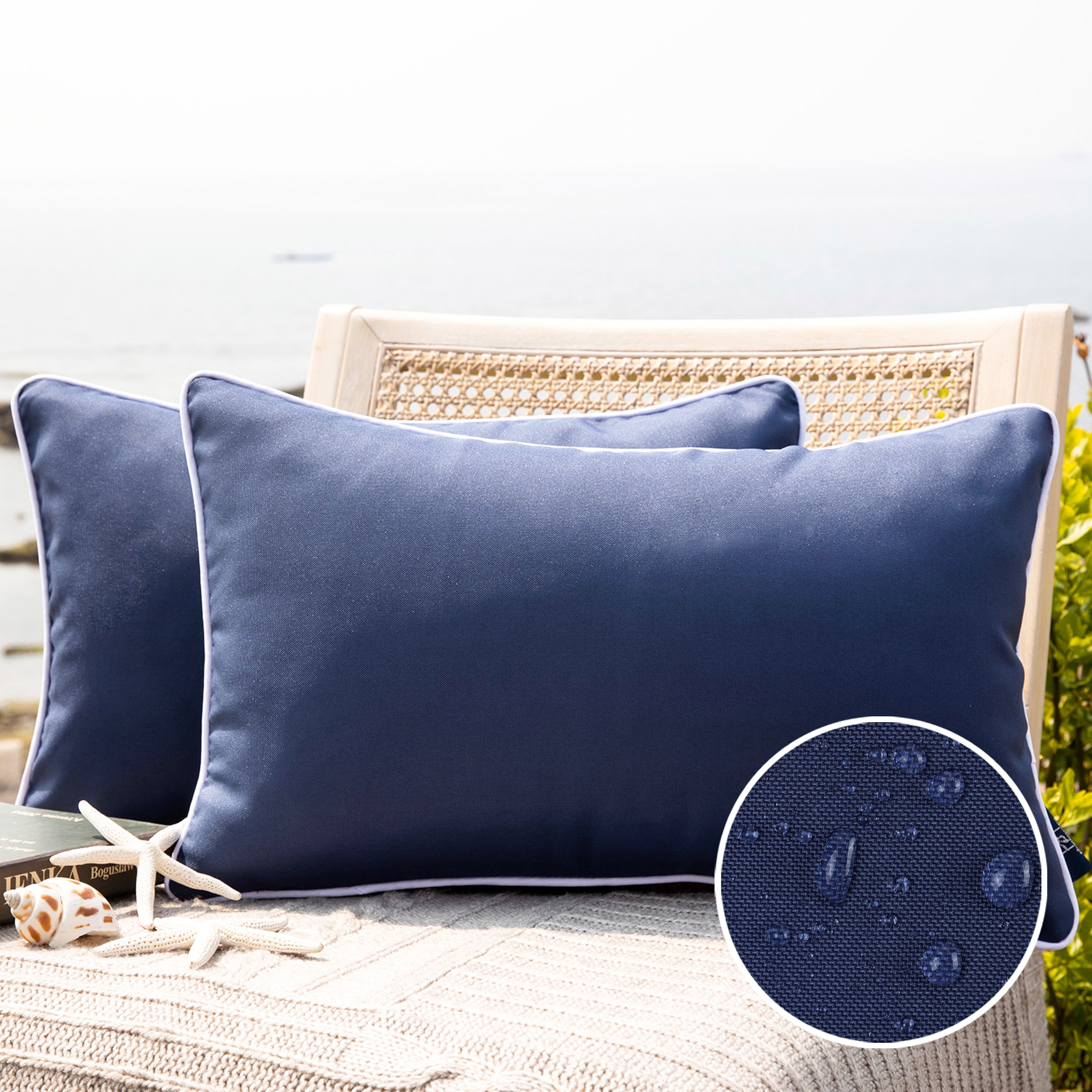 Outdoor Waterproof Decorative Rectangle Throw Pillow for Patio Garden, 12" x 20", Navy, 2 Pack