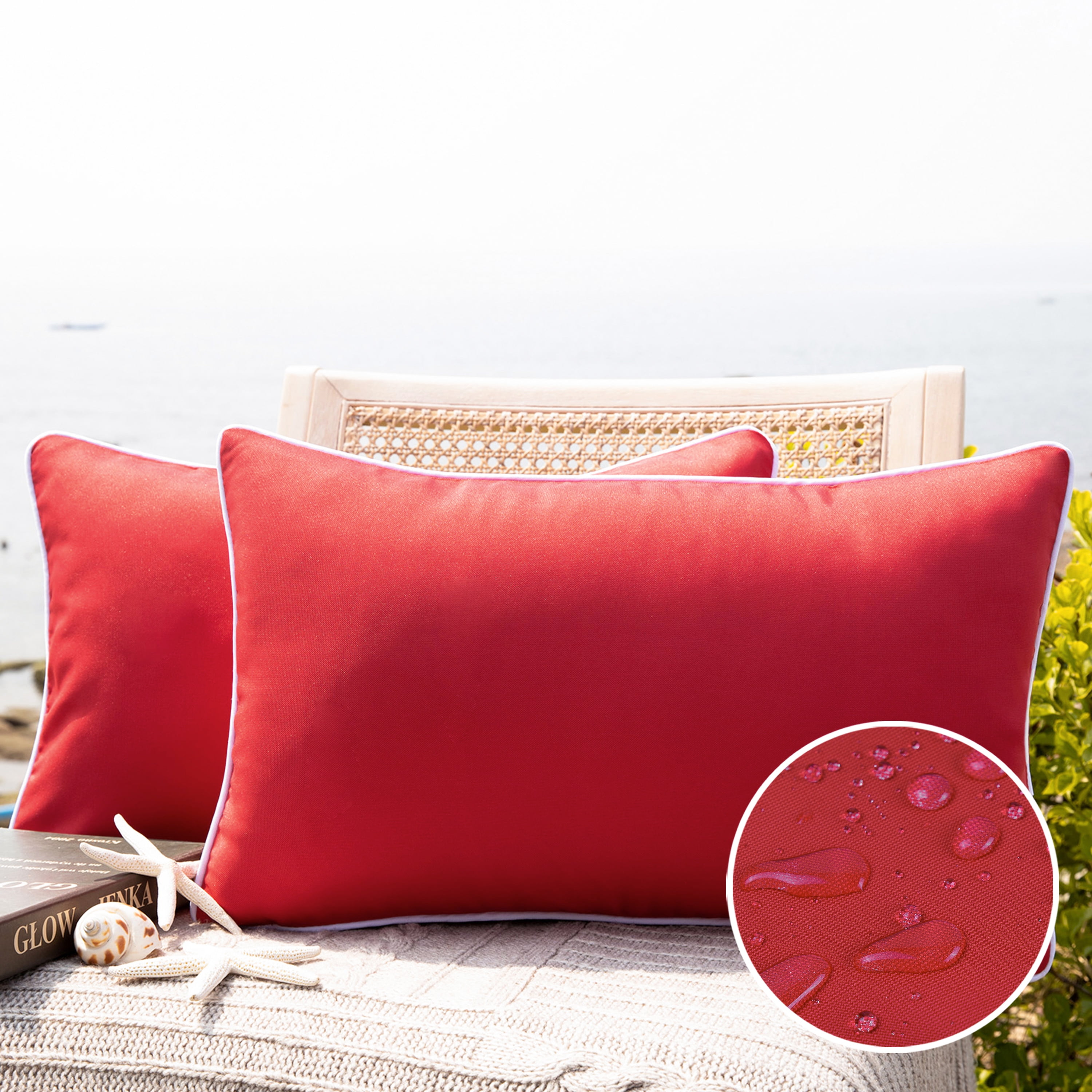 Outdoor Waterproof Decorative Rectangle Throw Pillow for Patio Garden, 12" x 20", Red, 2 Pack