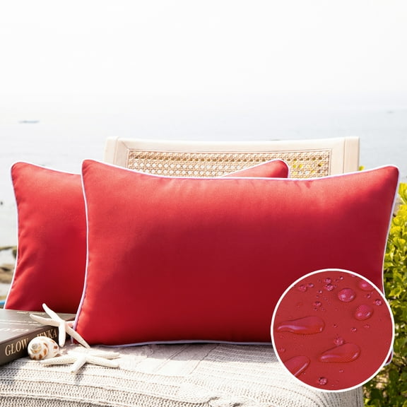 Outdoor Waterproof Decorative Rectangle Throw Pillow for Patio Garden, 12" x 20", Red, 2 Pack