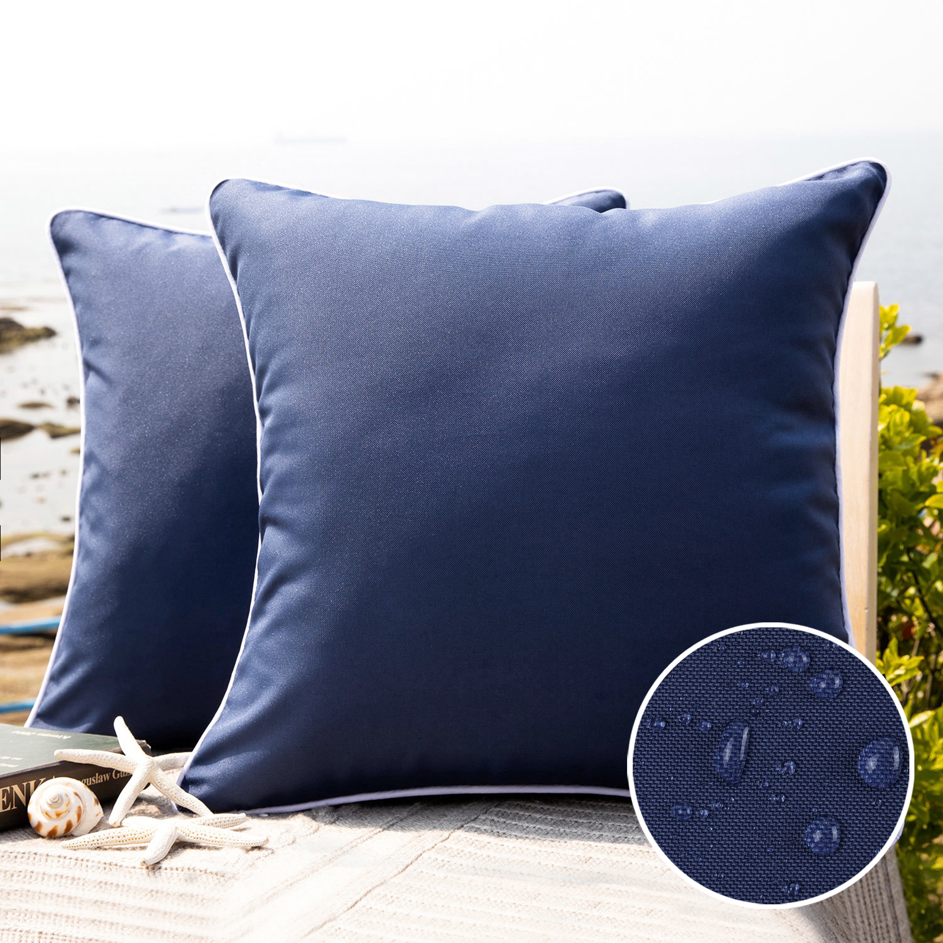 Outdoor Waterproof Decorative Square Throw Pillow for Patio Garden, 18" x 18", Navy, 2 Pack