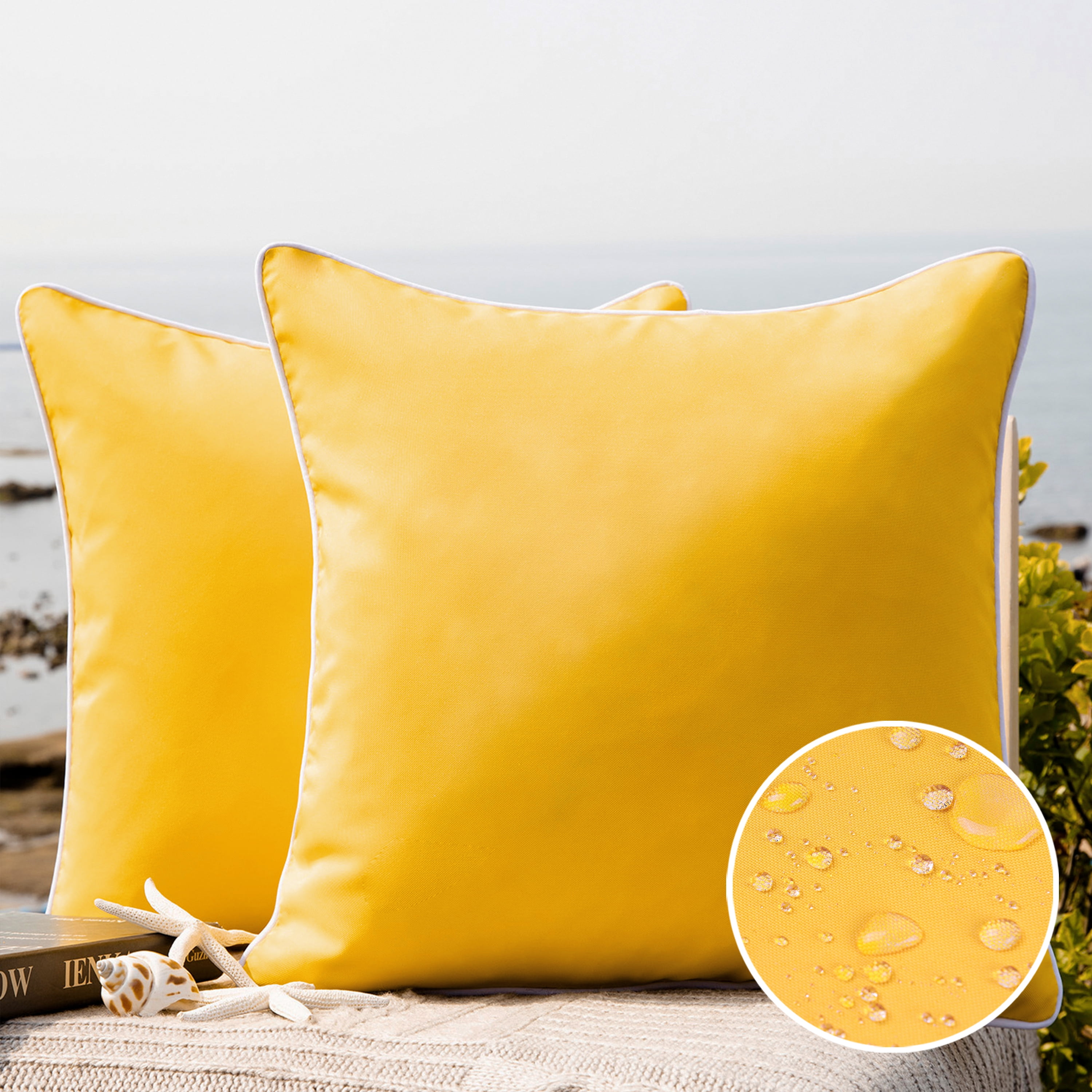 Outdoor Waterproof Decorative Square Throw Pillow for Patio Garden, 20" x 20", Yellow, 2 Pack