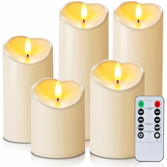 Outdoor Waterproof Flameless Candles, LED Candles, Battery Operated Candles with Remote and Timers, Electric Fake Plastic Pillar Candles, Dark Ivory, D3 H4 5" 6" 8" 8", Set of 5