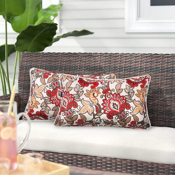 Outdoor Waterproof Lumbar Rectangular Throw Pillow with Insert 12x20 Inch Botanical Red Orange