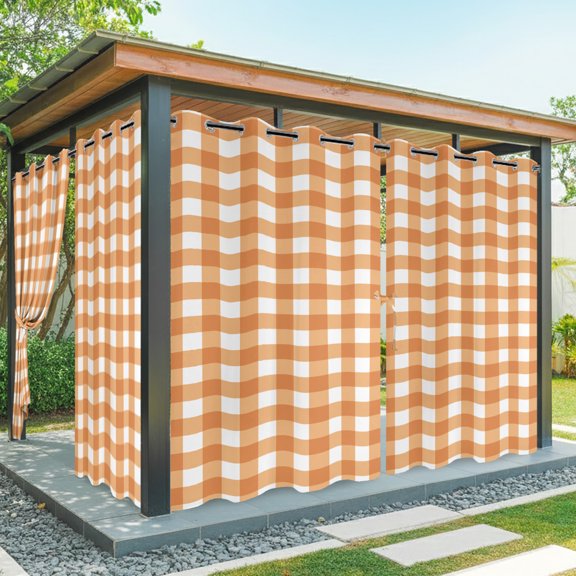 Outdoor Waterproof Patio Curtain 84" Length-1 panel,Minimalist Orange Checkered Grid Outside Privacy Curtains Blackout Grommet Drapes for Porch Pergola,Spring Buffalo Plaid