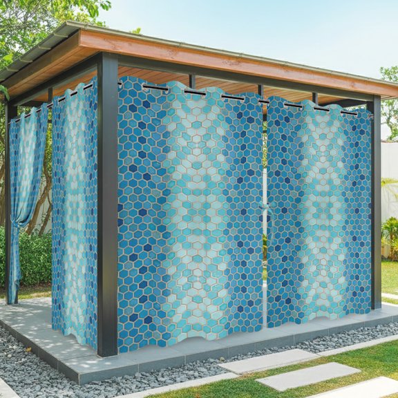 Outdoor Waterproof Patio Curtain 84" Length-1 panel,Modern Geometric Hexagon Outside Privacy Curtains Blackout Grommet Drapes for Porch Pergola,Blue Teal Ombre Honeycomb Grid