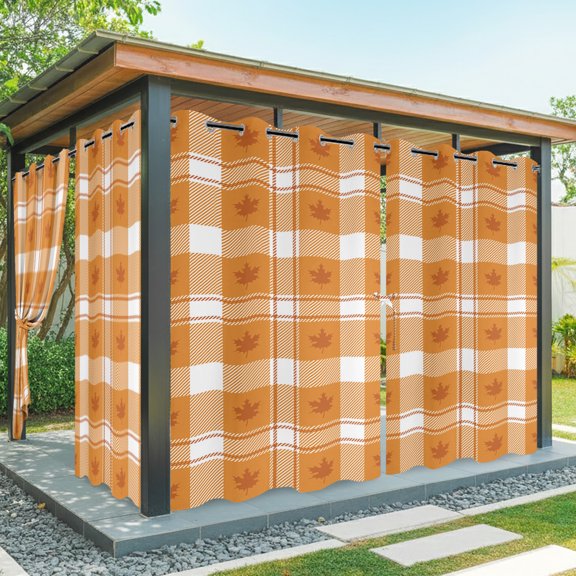 Outdoor Waterproof Patio Curtain 84" Length-1 panel,Thanksgiving Day Autumn Leaves Outside Privacy Curtains Blackout Grommet Drapes for Porch Pergola,Maple Leaf Check Grid