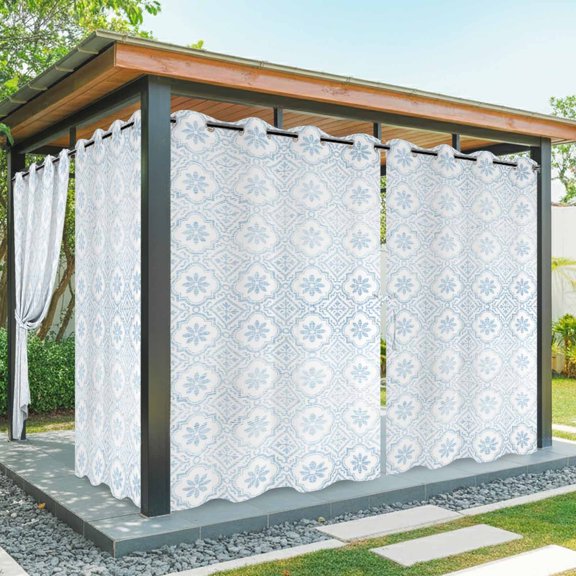 Outdoor Waterproof Patio Curtain 95" Length-2 panels,Vintage Damask Blue Floral Outside Privacy Curtains Blackout Grommet Drapes for Porch Pergola,Middle Ages Geometric