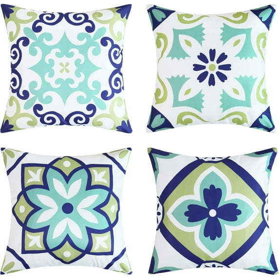 Outdoor Waterproof Pillow Covers 16x16 Inch Set of 4 Decorative Spring Floral Covers for Patio Furniture Porch (16 * 16inch/40 * 40cm, Blue and Teal)