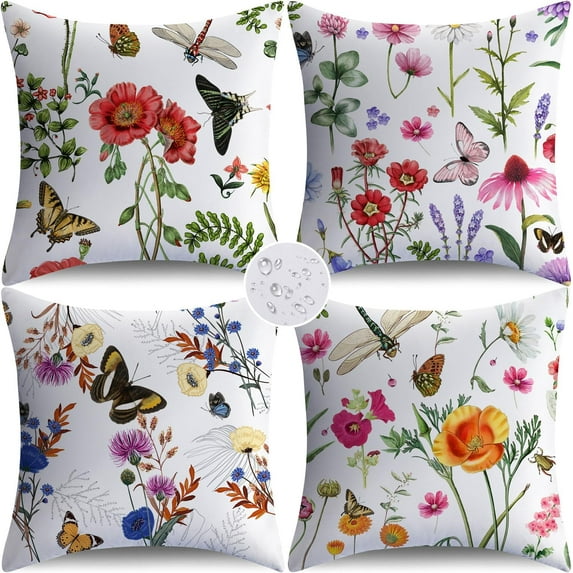 Outdoor Waterproof Pillow Covers 16x16 Set of 4 Spring Summer Floral Decorative Outdoor Throw Pillows Farmhouse Cushion Cases for Patio Furniture Bench Couch Sunbrella