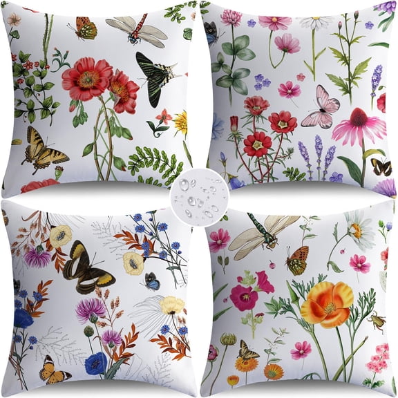 Outdoor Waterproof Pillow Covers 16x16 Set of 4 Spring Summer Floral Decorative Outdoor Throw Pillows Farmhouse Cushion Cases for Patio Furniture Bench Couch Sunbrella