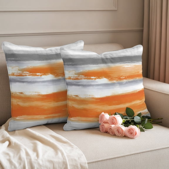 Outdoor Waterproof Pillow Covers 16x16Inch Modern Abstract Canvas Art Throw Pillowcases for Patio Garden Couch Sofa Orange Gray Striped Decorative Cushin Case,Pack of 2