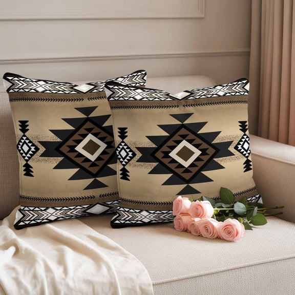 Outdoor Waterproof Pillow Covers Abstract Boho Brown Geometric Pattern Throw Cushion Case， Retro Southwest Theme Pillowcase for Bed, Sofa, Couch, Patio Furniture, 18x18in, 2Pack Decorative Pillows