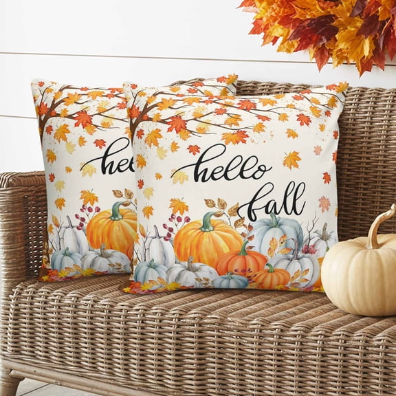 Outdoor Waterproof Pillow Covers Autumn Pumpkin Maple Leaf Decorative Throw Pillow Protectors,Hello Fall Thanksgiving Theme Pillowcase Cushion Cases for Patio Sofa Garden Couch,16x16in,Pack of 2