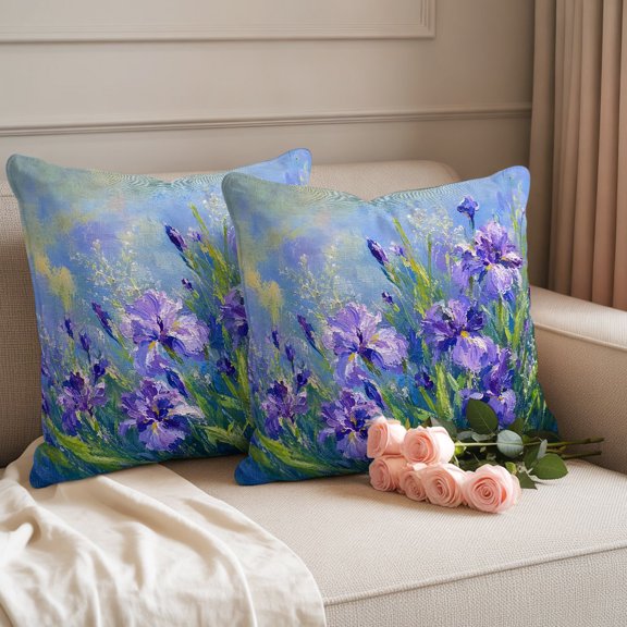 Outdoor Waterproof Pillow Covers Elegant Purple Iris Flowers Decorative Throw Pillow Protectors,Oil Style Floral Art Pillowcase Cushion Cases for Patio Sofa Garden Couch,16x16in,Pack of 2
