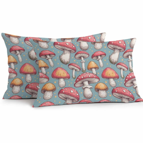 Outdoor Waterproof Pillow Covers Fall Country Watercolor Mushroom Throw Cushion Case,Polka Dot on Blue Pillowcase for Bed,Sofa,Couch, Patio Furniture, 20x12 in, 2Pack Decorative Pillows